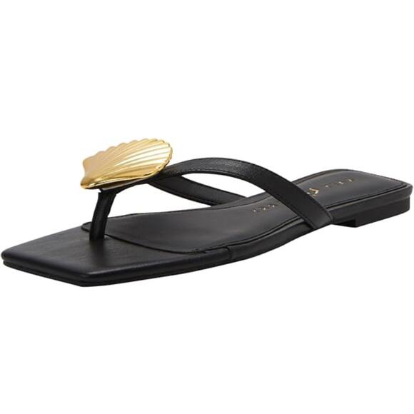 Katy Perry Camie Shell Slip On Thong Flat Sandals Black Womens Size 5M NWT - Picture 1 of 6